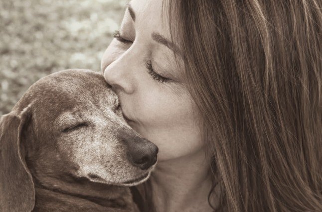 A woman gently kissing the head of her elderly dog